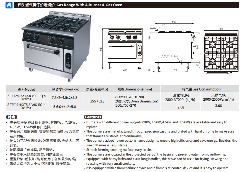 佳斯特SPTT24+KXT5.8-V9S-RQ-4/SPTY19+KXT5.8-V9S-RQ-4四头燃气煲仔炉连焗炉(图2)